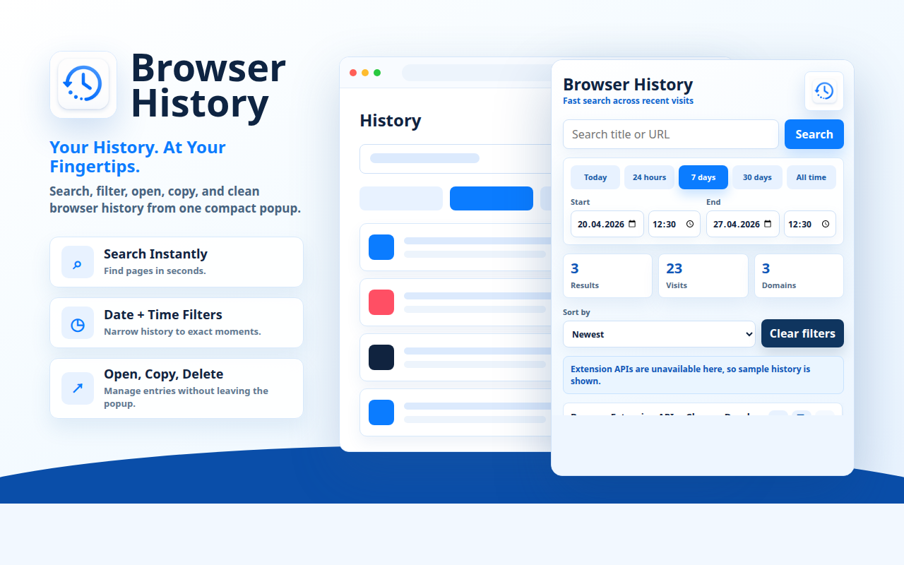 Fereastră pop-up pentru extensia Istoricul browserului
