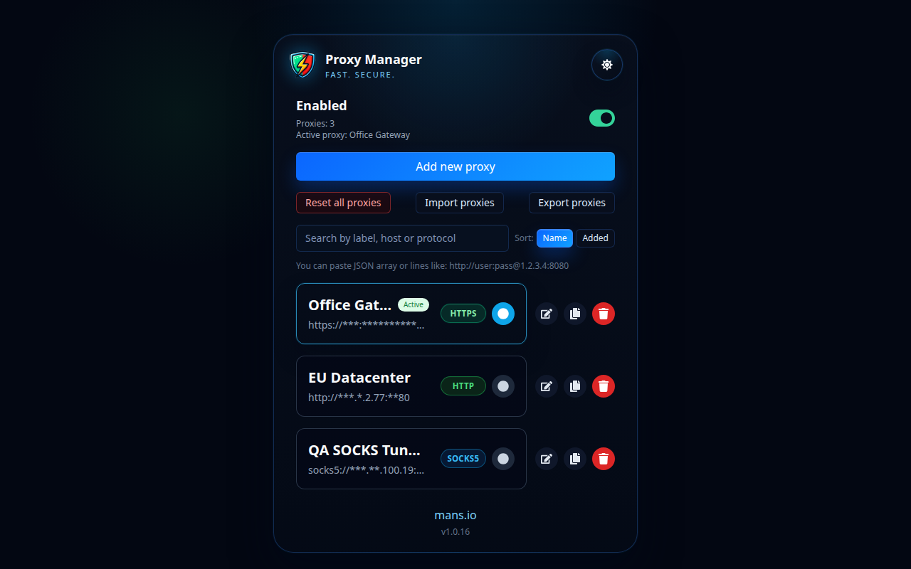 Lista de profiluri Proxy Manager